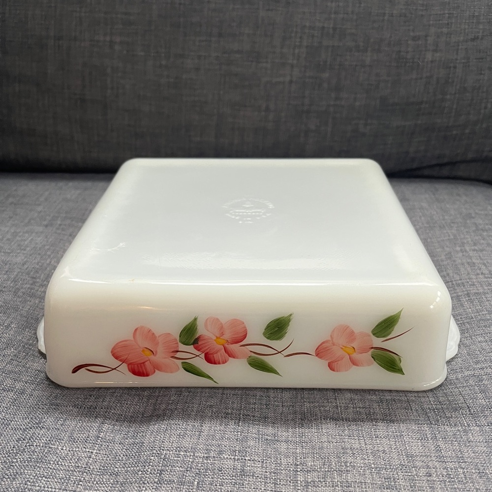 Fire King Baking Serving Dish Square Peach Blossom Milk Glass